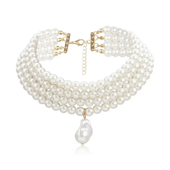 Collier ras du cou classique en perles rondes pour femmes, brin superposé, pendentif en perles baroq