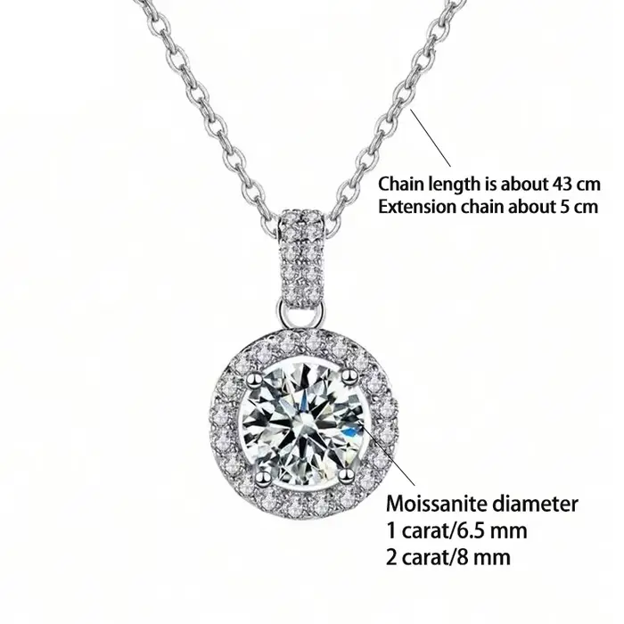 Collier pendentif rond élégant et tendance en argent 925 avec moissanite 1 carat/2 carats et design 
