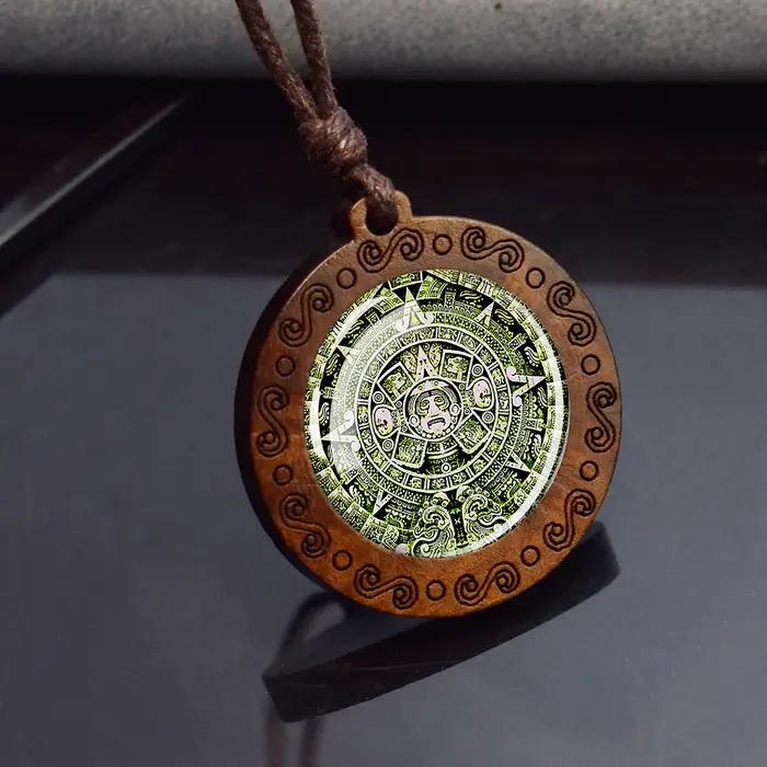 Collier calendrier aztèque, ancien méxico, époque maya, dôme en verre, bijoux Vintage, pendentif en 