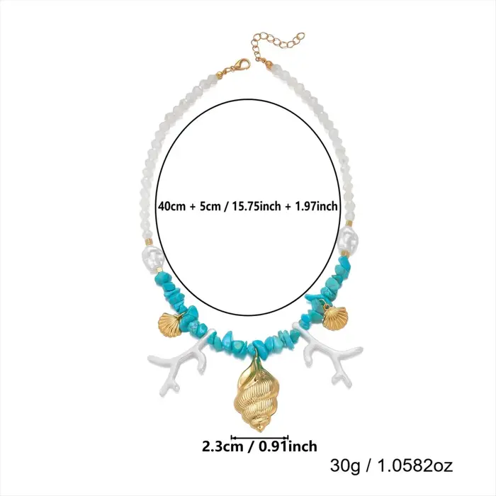 Collier en résine coquillage métallique et pierres concassées de corail pour femmes et hommes