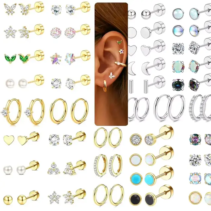 Ensemble de boucles d'oreilles en acier chirurgical hypoallergénique, cerceaux, Tragus, Cartilage, Piercing, dos plat, bijoux pour femmes