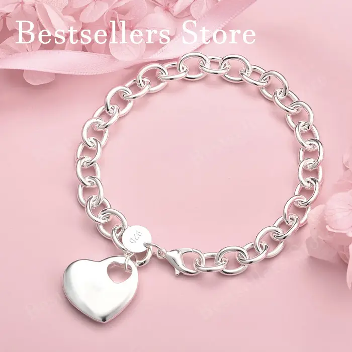 Bracelet en argent sterling 925 de 8 pouces en forme de cœur exquis, accessoires de mode pour femmes