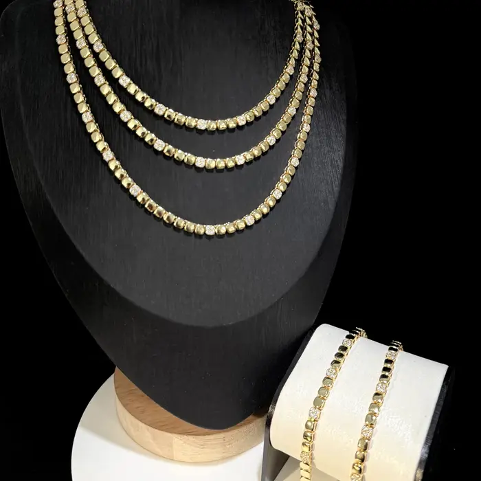 Couleur or géométrique haute polonais charme lien Tennis chaîne collier Bracelet pavé Bling Cz pour les femmes bijoux de mode