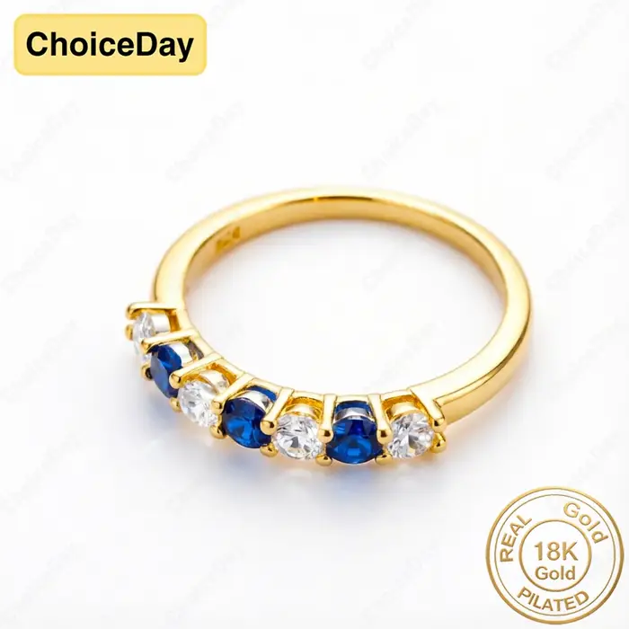 Bague de luxe plaquée or 18 carats avec zircone ronde bleue et blanche pour femme