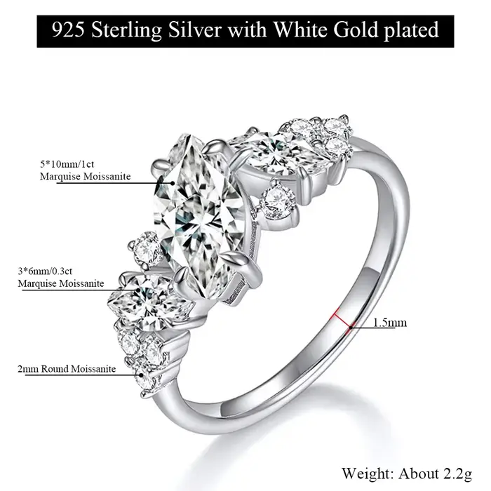 Bague Statement Asymétrique LinkerLove en Argent 925 Plaqué Or Rose avec Moissanite Marquise et Grap