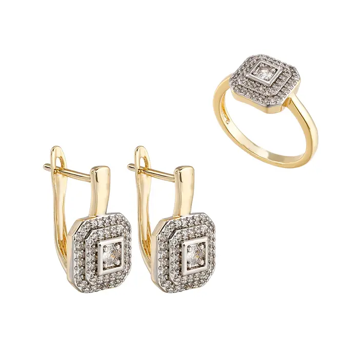Boucles d'oreilles en zircon incrusté de conception carrée, bague plaquée cuivre or 14K, ensemble de