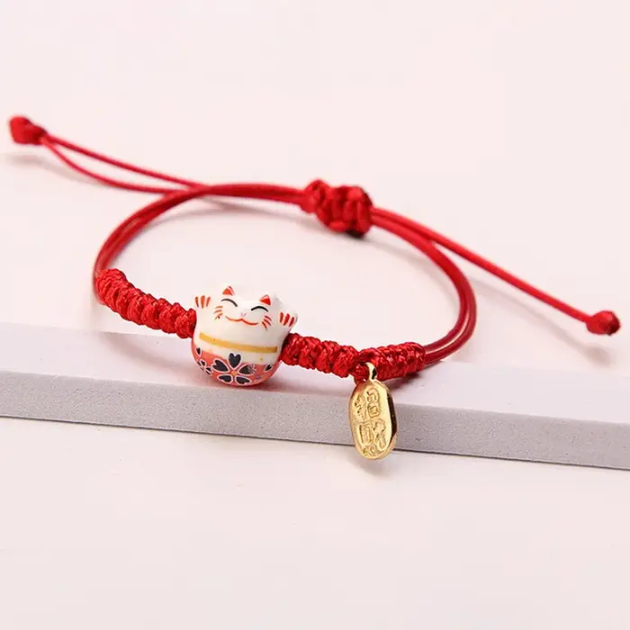 Bracelet tressé chat porte-bonheur en céramique pour femme