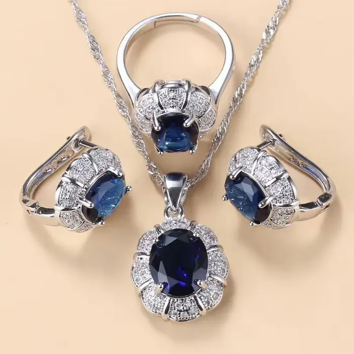 Ensemble de bijoux en zircon cubique bleu pour femme, collier, boucles d'oreilles et bague en argent 925 pour mariage et cérémonies de vie