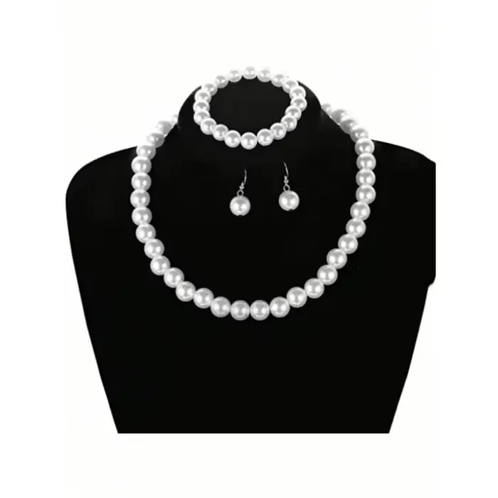 Ensemble de bijoux en fausses perles (collier, bracelet, boucles d'oreilles) – 4 pièces – Cadeau élégant pour les fêtes.