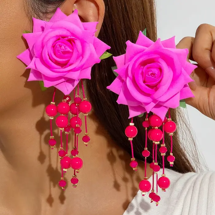 Boucles d'oreilles colorées fleur rose 3D
