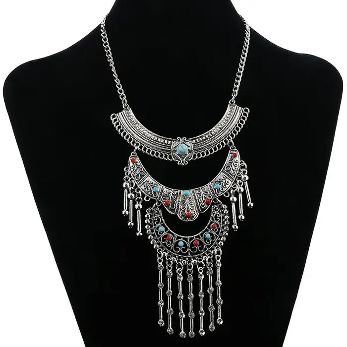 Maxi collier ras du cou bohème multicouche pour femme, bijoux vintage, barre de cristal, pompon, déc