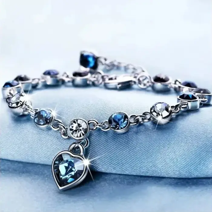 Femmes couleur argent Bracelet chanceux femme bleu cristal coeur breloque Pulseras Bracelet mariée m