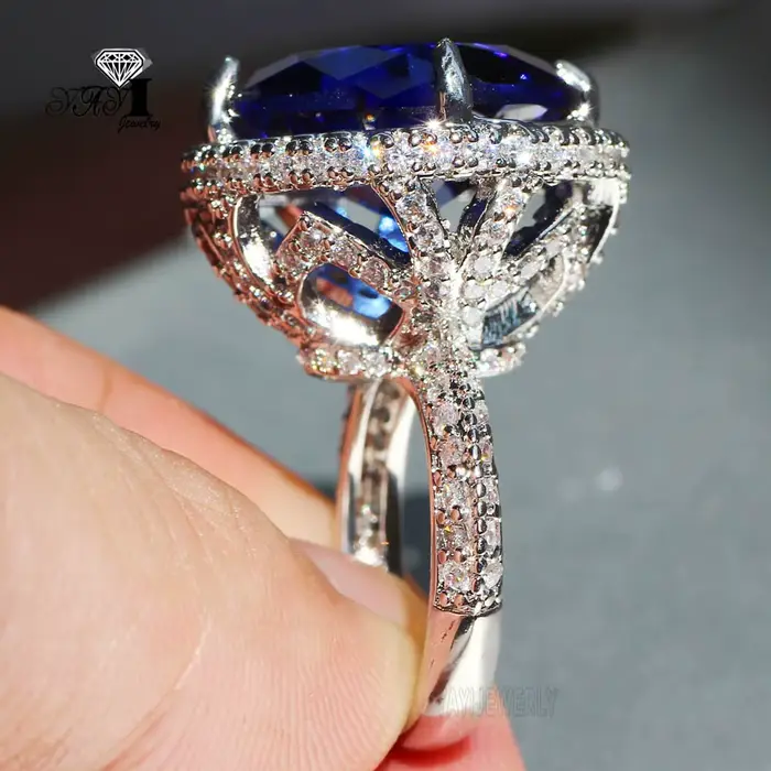YaYI bijoux princesse coupe 15*15mm énorme saphir bleu Zircon couleur argent fiançailles mariage coe