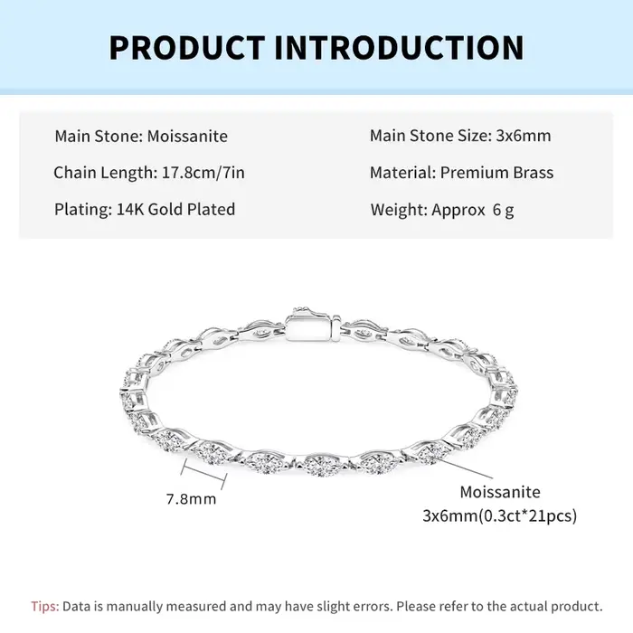 Rrjzz – Bracelet en moissanite de luxe pour femme, coupe marquise, couleur D, 3x6mm, 7 pouces (17,8 