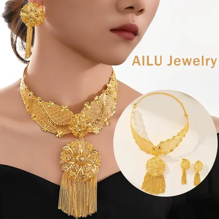 Ensemble de bijoux africains en métal doré collier et boucles d'oreilles pour femmes occasions spéciales mariage banquets anniversaires