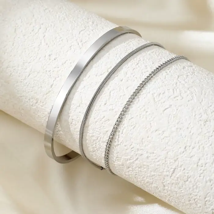 Ensemble de bracelets en acier inoxydable pour hommes design géométrique et chaîne de boîte