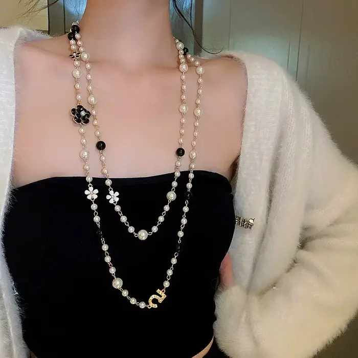 Collier de perles multicouches de luxe, Long et minimaliste élégant, chaîne de pull automne-hiver po