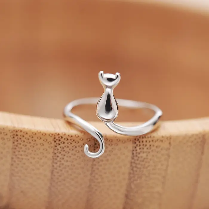 YILUOCD-Bague chat mignon en argent S925 pour femme, chat collant avec longue queue, bague réglable,