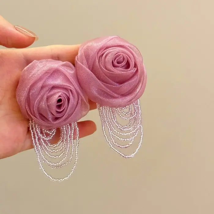 Boucles d'oreilles à pampilles en perles, super fée et maille exagérée, fleur de rose