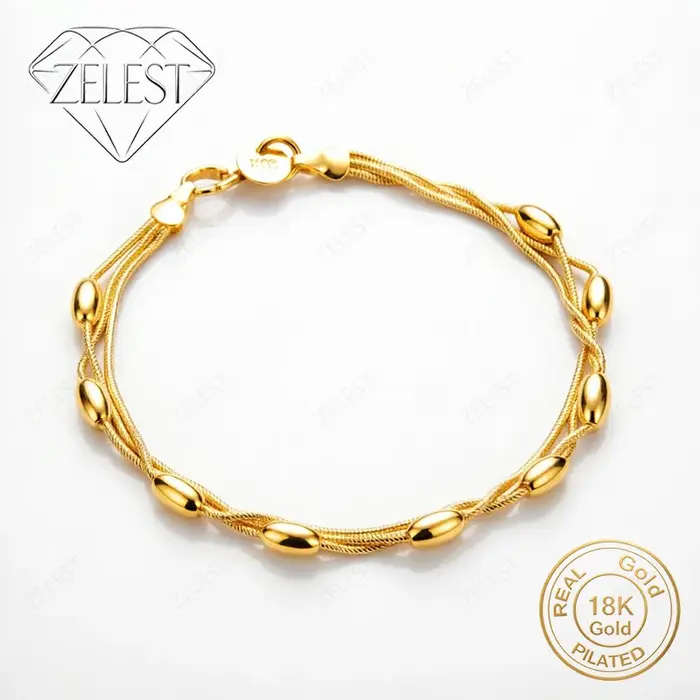Bracelet en argent sterling 925 plaqué or 18 carats, 8 pouces, délicat, tressé avec des perles, pour