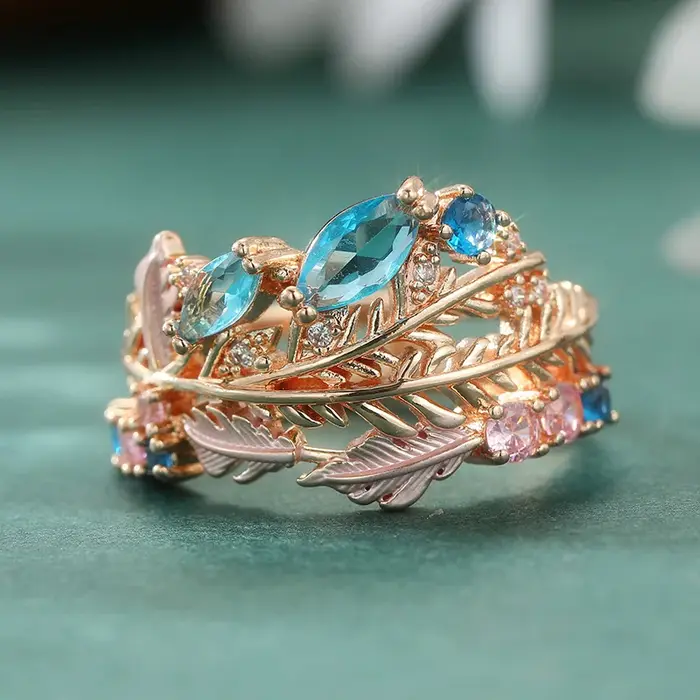 Bague esthétique élégante pour femme, design plume, zircone synthétique bleue, vintage, délicate, fa