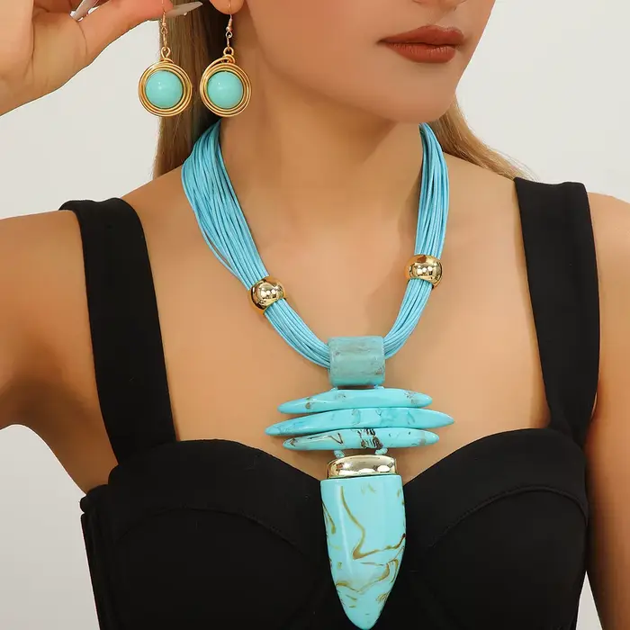 Ensemble de bijoux occidentaux tendance, collier et boucles d'oreilles fantaisie en imitation turquoise et corde cirée, accessoires de fête pour femmes