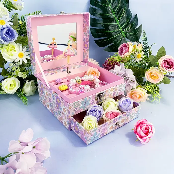 Nouvelle Arrivée Chaude : Boîte à Bijoux Musicale Florale avec Ballerine Rotative, Miroir et Tiroir 