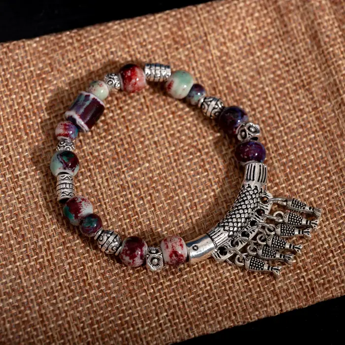 Bracelet élastique fait à la main avec perles en céramique et pendentif poisson en alliage, bijoux de Style ethnique S03-178