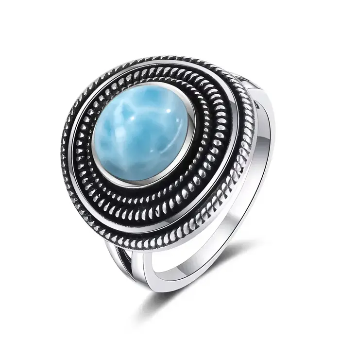 Bague Vintage en argent 925 avec pierre Larimar naturelle, ronde en forme de fleur, bleu ciel, eau d