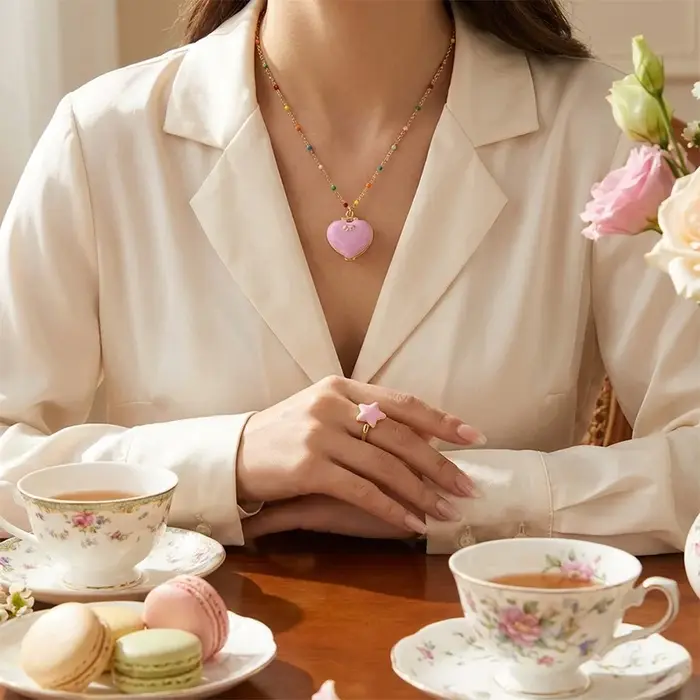 Collier Cœur Ouvert/fermé avec Pendentif Bague pour Femme