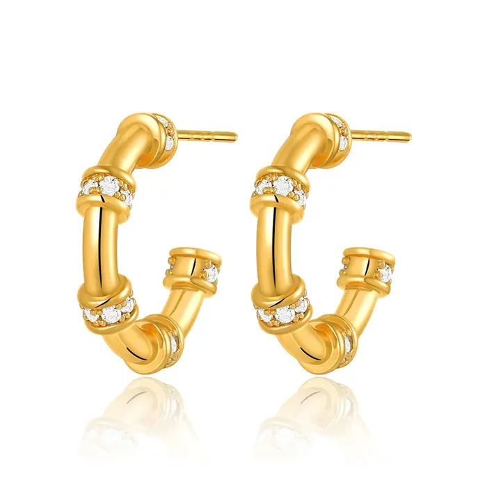 Boucles d'oreilles créoles en bambou plaqué or 18 carats pour femmes, forme C, pavé de zircons CZ, p