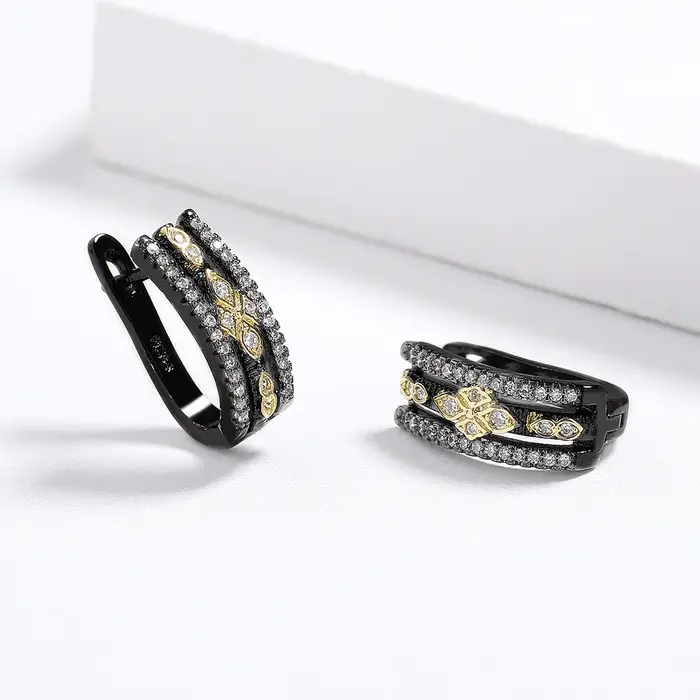 Boucles d'Oreilles Classiques Bicolores Noir et Or pour Femme