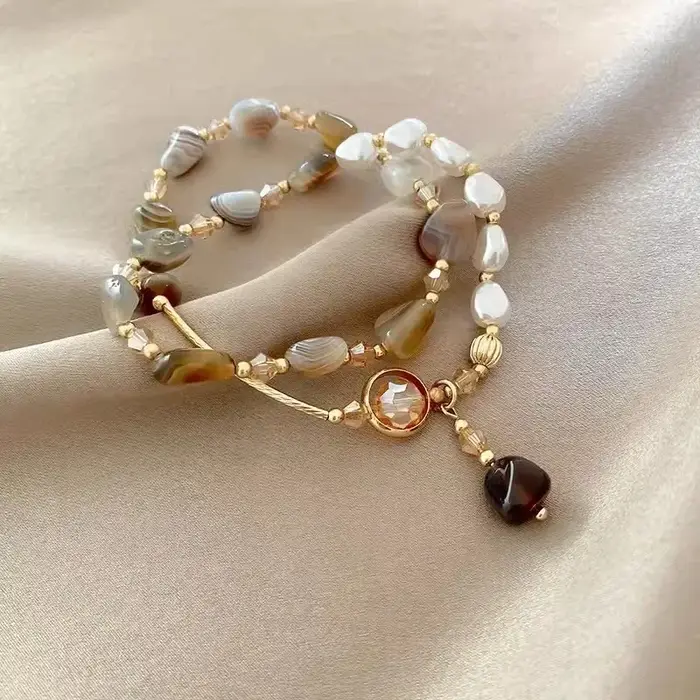 Bracelet de perles en pierre pour femme design rétro chaîne délicate bijou main double couche cadeau occassionnels