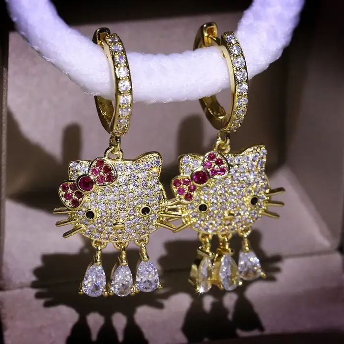 Boucles d'oreilles chaton micro-incrusté pour filles, boucle d'oreille chaton mignon, arc pompon mig