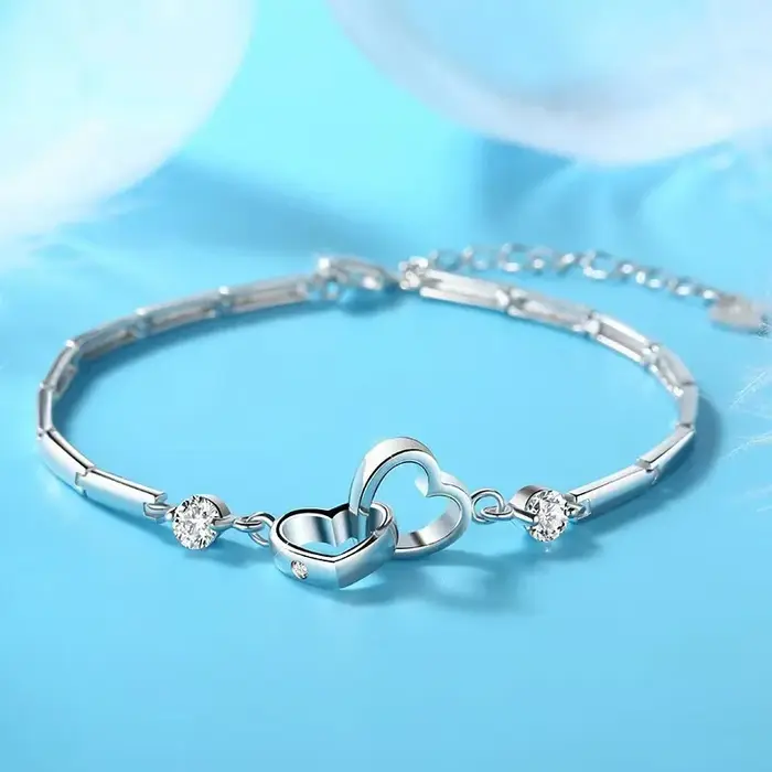 Bracelets et Joncs en Argent Sterling 925 avec Breloques pour Femme, Bijoux Cœur en Zircon pour la S