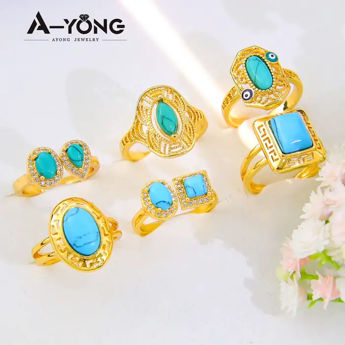 AYONG-Alliances plaquées or turquoise pour femmes, cuivre 18 carats, bijoux vintage, éthiopiens, Dubaï, Moyen-Orient, cadeaux de fête