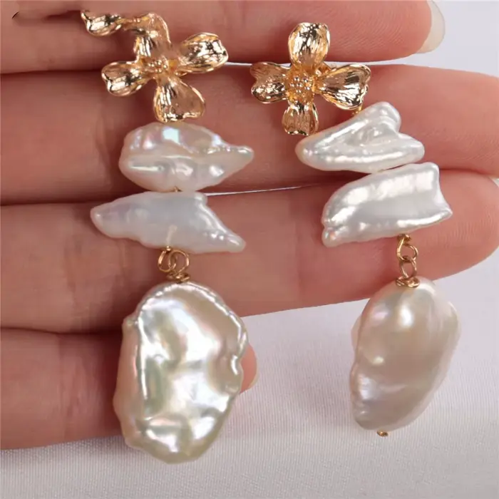 Boucles d'oreilles en perles baroques naturelles faites à la main pour femmes, bijoux dorés, lustre 