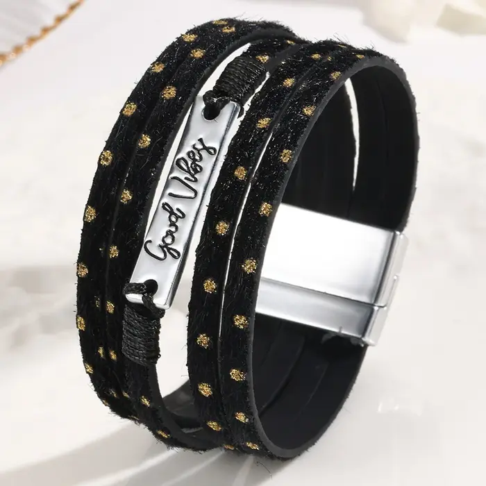 Fille Bracelets lettre cristaux fer multicouche large bord Bracelet en cuir bohème femmes mode lumiè