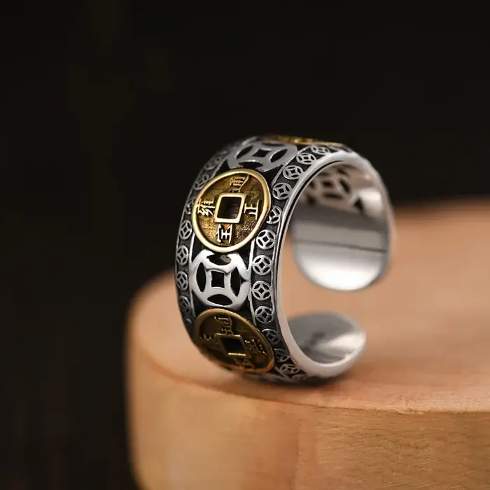 Bague d'ouverture de pièce de monnaie en cuivre rétro chinois pour hommes et femmes