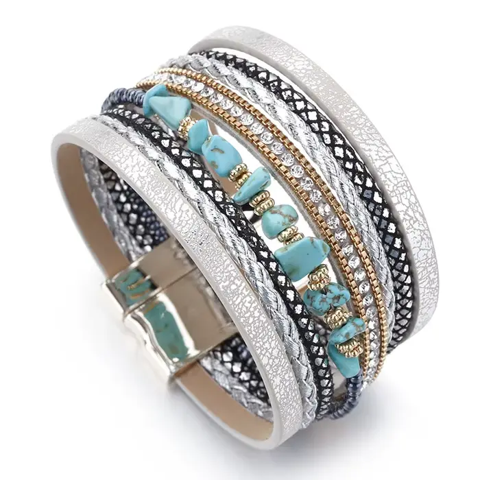 Amorcome Boho pierre naturelle Bracelets en cuir pour femme Vintage tressé corde large multicouche W