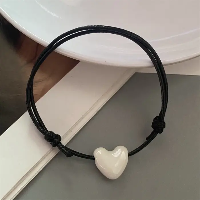 Bracelet en céramique en forme de cœur d'amour, corde noire, réglable, pour filles et femmes, access