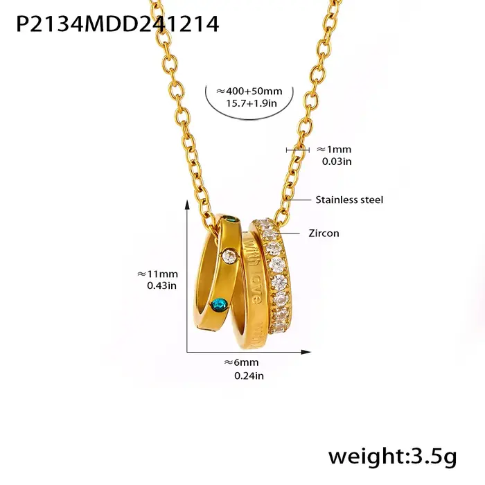 Pendentif Triple Rond en Acier Inoxydable Plaqué Or 18k pour Femme, Breloque Imperméable, Equipé de 