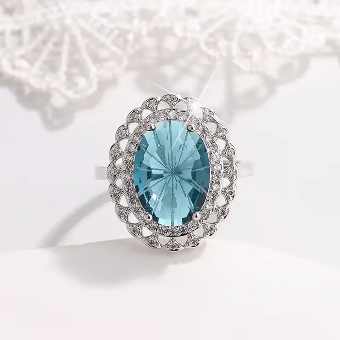 Bague Haute Couture pour femme, plaquée argent 925, Topaze bleue naturelle, bijoux de fête, cadeau