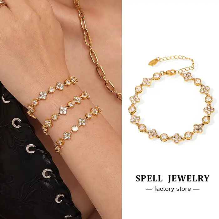Bracelet chaîne acier inoxydable zircon brillant plaqué or 18 carats pour femmes ajustable élégant occassions speciales vendange