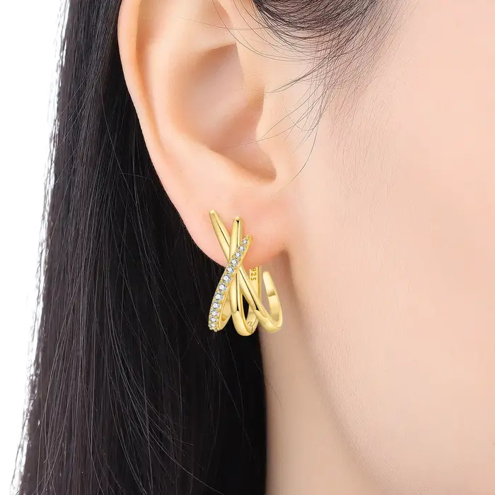 Boucles d'oreilles croisées géométriques en argent sterling S925 plaquées or 18 carats pour femmes, bijoux originaux et élégants pour toutes les occasions