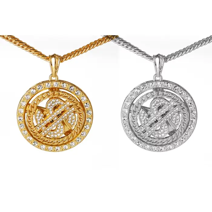 Mode cristal grand Raotatable Dollar américain collier signe d'argent pendentif collier hommes Hip Hop bijoux