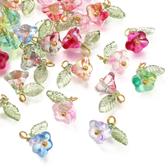 Pendentifs en verre avec résultats en laiton doré, 30 pièces, 6 couleurs, breloques florales pour fe