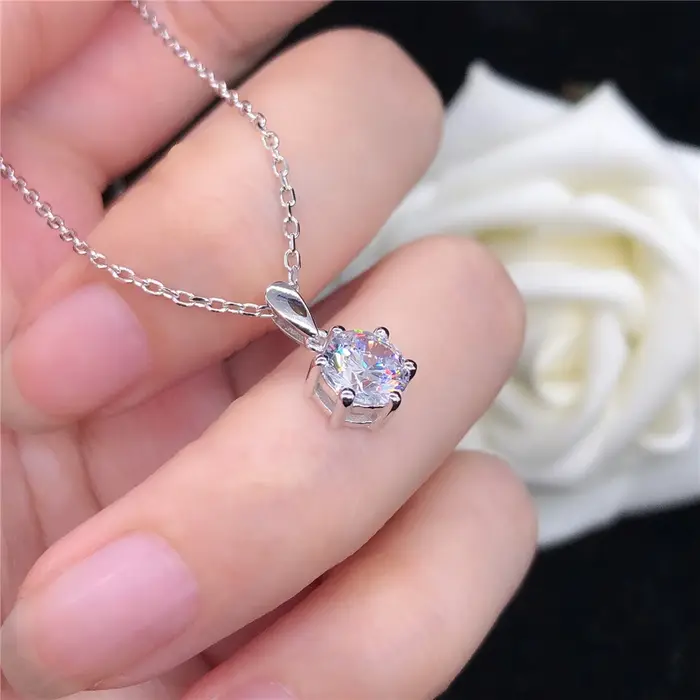 Collier en or blanc pur 18 carats pour femme, pendentif de fiançailles rond Moissanite, beaux bijoux