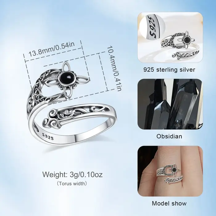 Bague ajustable Eudora en argent sterling 925 avec obsidienne