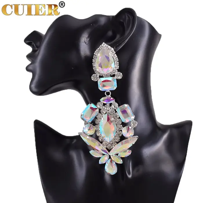Boucles d'oreilles longues en cristal de biscuits de verre à clipser pour femmes, bijoux de mariage,
